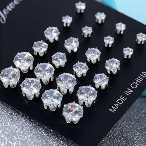 Classic 12Pairs Cubic Zirconia Stud Earrings Set For Women Silver Color Round Heart Crystal Rhinestone Earrings Brinco Jewelry