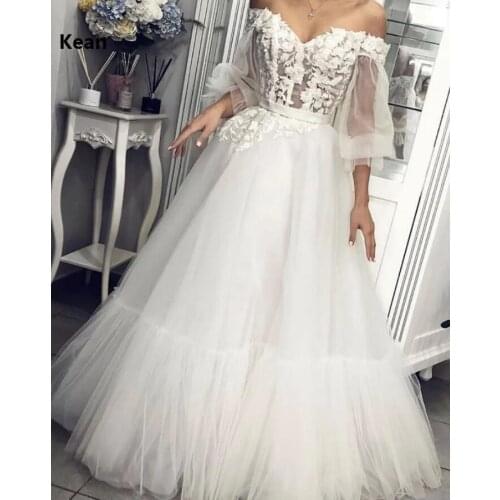 Off Shoulder Deep-V Wedding Dress Appliques Flower See Through vestido De Noiva Dubai Arabic Boho Bride Dress Robe De Mariee
