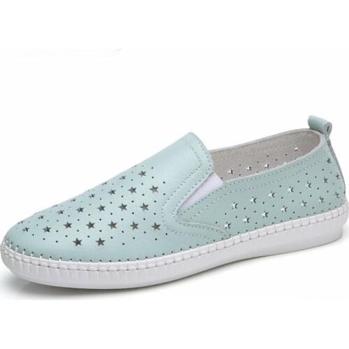 New Summer Shoes Woman Real Cow Leather Flats Women Shoes Slip On Womens Loafers Soft Cut-Outs Female Sneakers