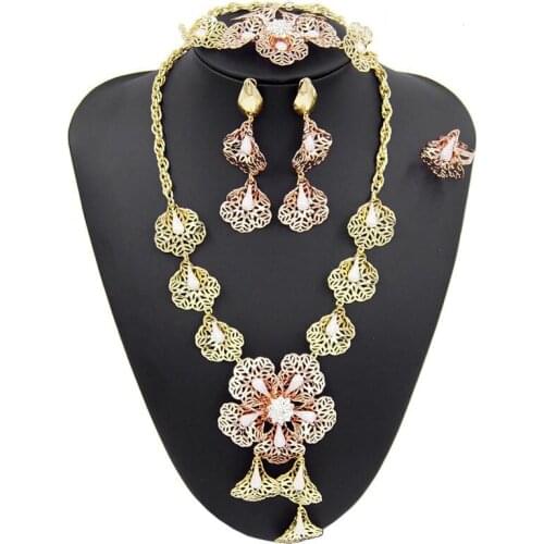 Yulaili Dubai Gold Jewelry Sets For Women Elegant Pendant Necklaces Earrings Bracelet Ring Pretty Bride Wedding Accessories