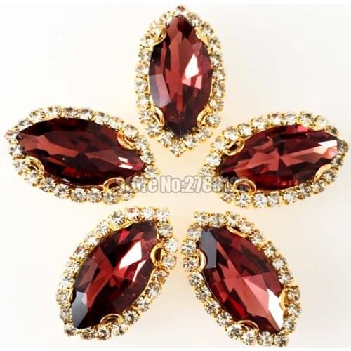Factory sales Wine red Gold bottom Horse eye shape Crystal button,AAA+ Glass Crystal sew on loose rhinestones