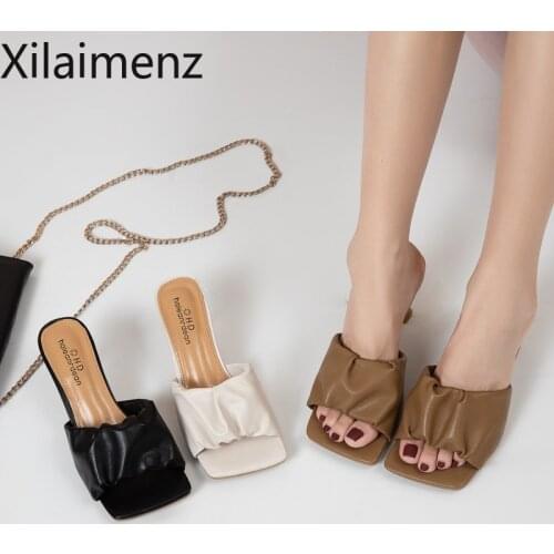 2021 Women Slippers Pleated Summer Light Sexy Open Toe Solid Color Sandals Stiletto Heels Women Luxury Prom Woman Black Shoes