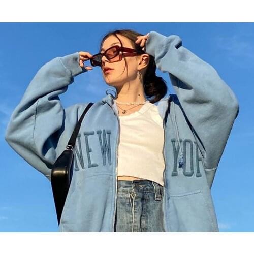 B-TOTO American Retro Haze Blue Hooded Sweater Zipper Jacket Womens Cardigan Ins Tide 2021 New Fashion