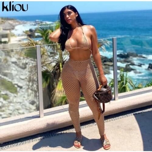 Kliou See Through Hollow Out Sexy Two Piece Set Women Summer Streetwear Fashion Skinny Sexy Sleeveless Halter Bikini Plaid Pants