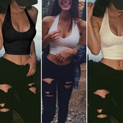 Women Halter Neck Sleeveless Crop Top Sexy Low Cut O Neck Solid Color Cami Tank Vest Backless Bodycon Basic Bralette