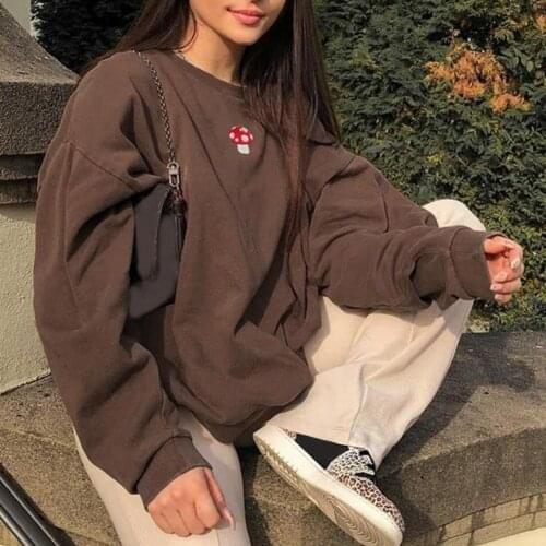 Fashion y2k Women Long Sleeve Round Neck Small Mushroom Embroidery Pullover Blouse Hoodies Womens Sweatshirt Clothing