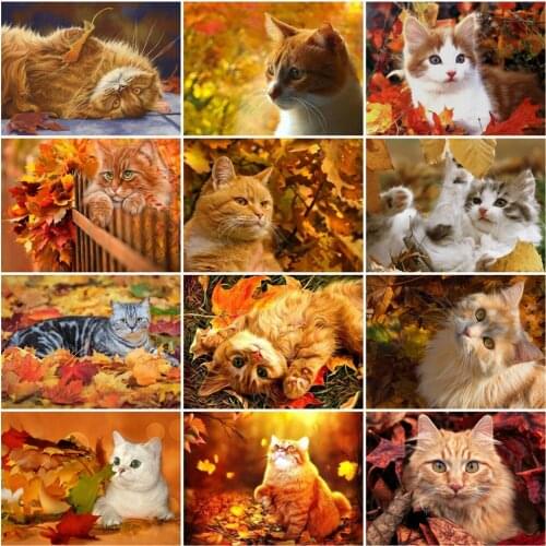 HUACAN Diamond Painting Cat Animal 5D Diy Diamond Embroidery Mosaic Autumn Cross Stitch Decoration For Home