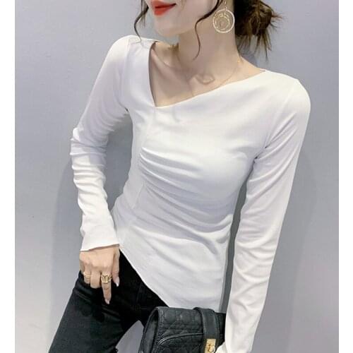 #8561 Black White Irregular T Shirt Women Skew Collar Sexy top Basic T Shirt Female Cotton Skinny Streetwear Hip Hop T Shirt