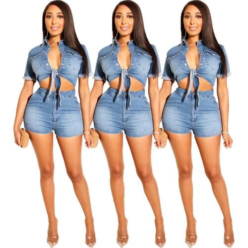 Denim Women Suits Button Tops With Shorts Women Two Piece Sets