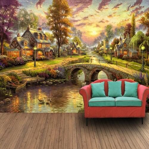 Custom 3D Mural Wallpaper Hand Painted European Style Forest Hut Night View Oil Painting Art Wall Mural Living Room Wall Paper