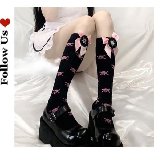 Harajuku Women Bow Socks Fashion Stockings Casual Cotton Thigh Gothic Cotton High Socks Girls Womens Female Long Knee Sock