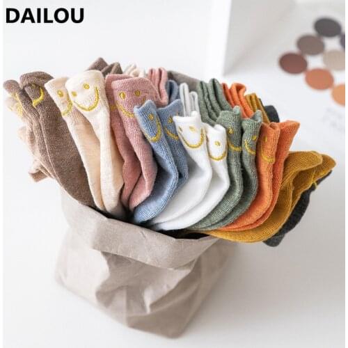 1 Pair Kawaii Women Socks Embroidered Expression Cartoon Smile Candy Color Cotton Ankle Socks Funny Happy Socks Christmas Gifts