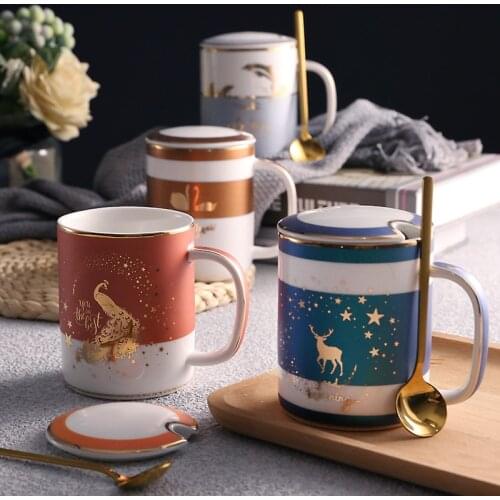 Nordic Exquisite Ceramic Mug Creative Coffee Cup With Lid Spoon Couple Drinking Water Cups Travel Mugs Tazas De Café Drinkware