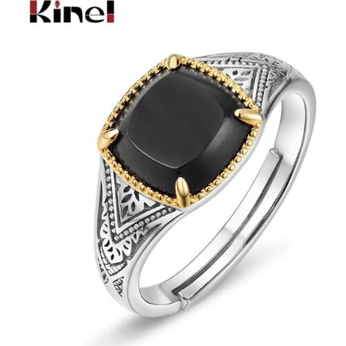 Kinel Natural Black Agate Ring Classical Pattern Real 925 Sterling Silver Vintage Rings Unisex Fine Jewelry