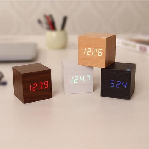 Creative Cube Digital Wooden LED Alarm Clock USB Wood Clock Desktop Table Decor Voice Awake Snooze Thermometer Function Bedroom