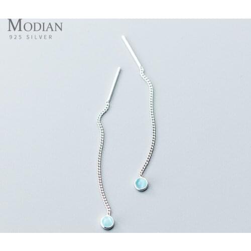 Modian Simple Fashion Blue Opal Long Tassel Dangle Earrings Classic 925 Sterling Silver Elegant Jewelry For Women Female Earring
