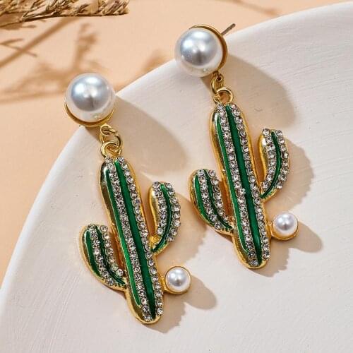 Fashion Women Faux Pearl Rhinestone Cactus Pendant Stud Earrings Party Bohemian Vintage Big Round Jewelry Decor Accessory Gift