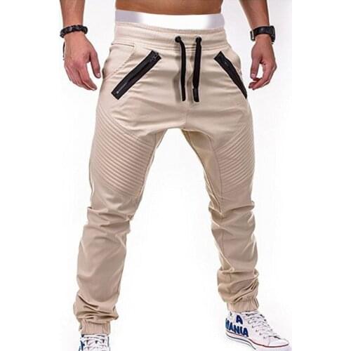 2020 new mens casual fashion lace-up elastic sports pants double zipper striped leggings overalls