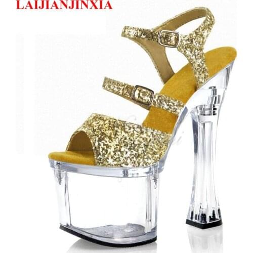 LAIJIANJINXIA New Flash Powder Crystal Big Size Platform Sandals 18 CM Super High Stripper Heeled Dance Shoes Nightclub Shoes