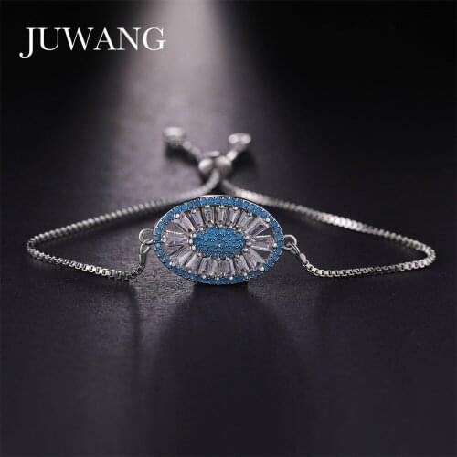 JUWANG Brand Turkish Blue Ellipse Charm Bracelets & Bangles For Women Silver Color Cubic Zirconia Adjustable Fashion Jewelry