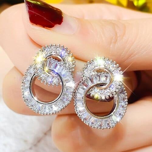 Wholesale Luxury CZ Zircon Fashion Crystal Double Round shape Earrings Contracted Ear Studs For Women Drop Earrings Jewelry