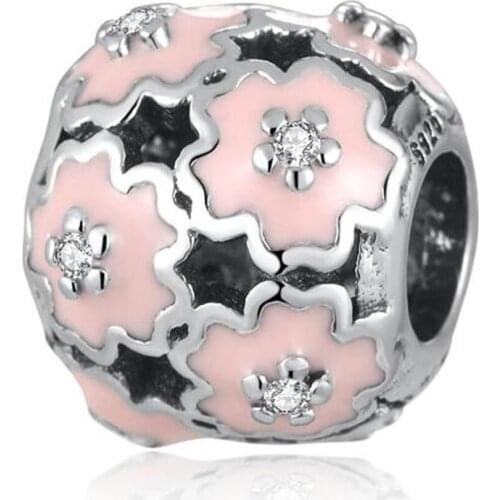 Authentic S925 Bead fit Lady Bracelet Bangle Pink Enamel Primrose Meadow Crystal Charm For Women DIY Jewelry