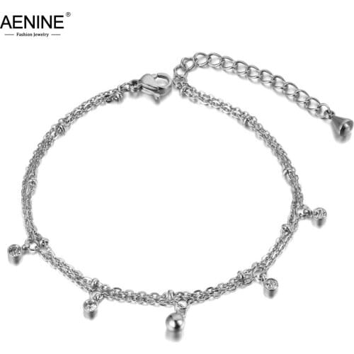 AENINE Stainless Steel CZ Crystal Charm Double Layers Women Bracelets Snake Chain Bohemia Summer Beach Bracelet Jewelry AB19024