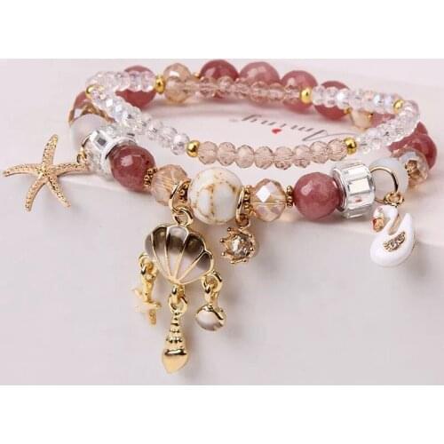 Korean style crystal double-layer bracelet female sweet fresh shell Swan pendant student bracelets for woman Jewelry woman