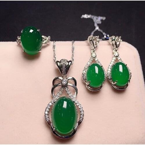 Women Necklace Pendant Ring Earring Green Chalcedony Agate Lucky Clover Gourd Egg Jewelry Set Gift for Female Fine Jewelry