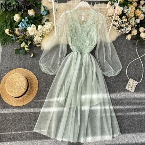Neploe Mesh Dress Women Spring 2021 Fashion V Neck Puff Sleeve Ladies Vestidos Elegant Slim Waist A Line Female Dresses 1A949
