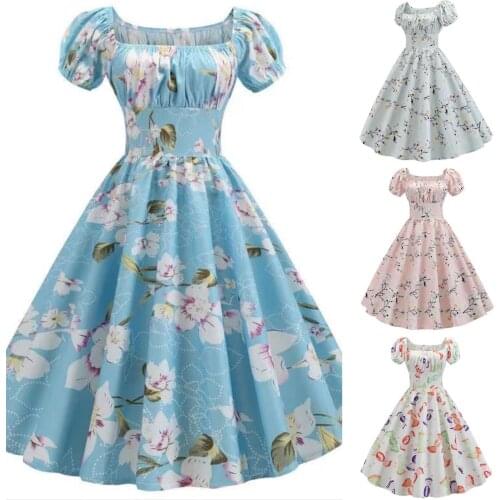 Vintage Women Dress Printed Puff Sleeve Square Collar Midi Lady Dress A-Line Party Summer