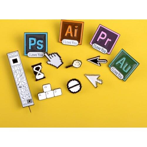 I love Ps Ai Pr Au enamel Pin Ps mission Board tool WASD button Badge Brooches Simple Designer Jewelry Lapel Pin Gift for Friend