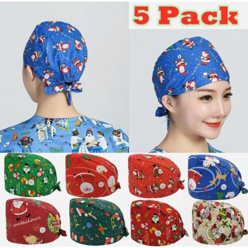 5PCS/Lot Wholesale With Button Unisex Christmas Print Scrub Cap With Sweatband Women Men Working Caps Adjustable Scrub Hats New