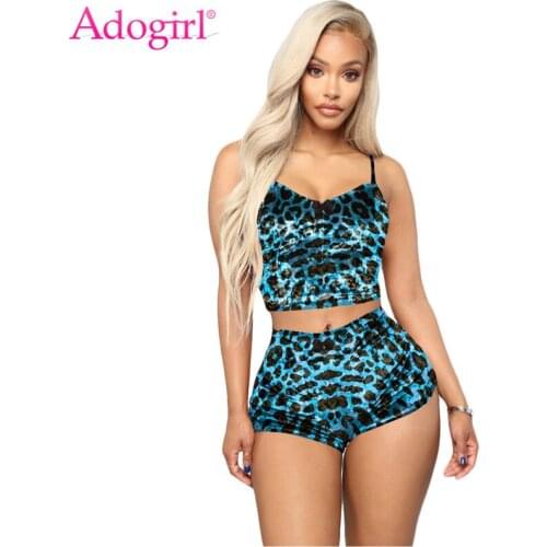 Adogirl Women Casual Leopard Print Velvet Two Piece Set XS-XXL Spaghetti Straps Crop Top Shorts Female Tracksuit Clubwear