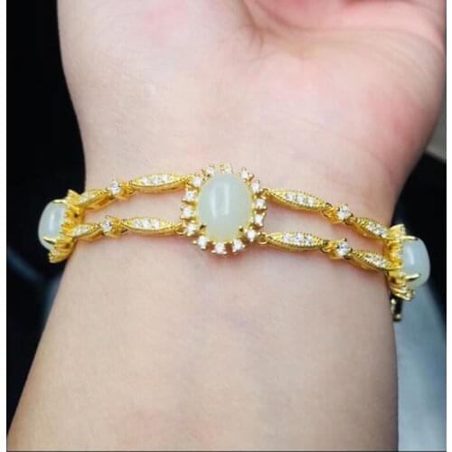 Noble 925 Sterling Silver HeTian White Jade Double Inlaid Zircon Gold Chain Decoration Lucky Bracelet For Women Fine Jewelry