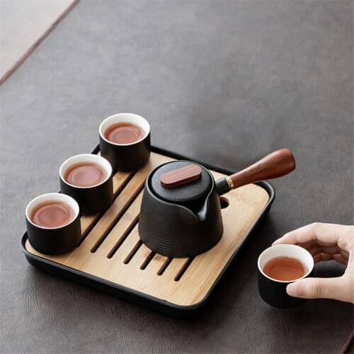 Black Pottery One Pot four Cups Tea Sets Portable Travel Home Office Cups Ceramic Tea Coffee Container Bag Pottery Teapot Set