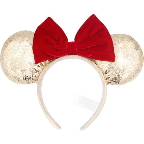 Disney Original Minnie Christmas Hairband Red Bow Headband Atmosphere Decoration Photo Hairdress Headdress Cosplay Headwear