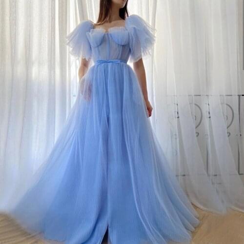 Blue A-Line Simple Draped Sexy Evening Dresses Long 2020 Short Puff Sleeve Tulle Prom Dress Party Night Gowns Vestidos Arabic