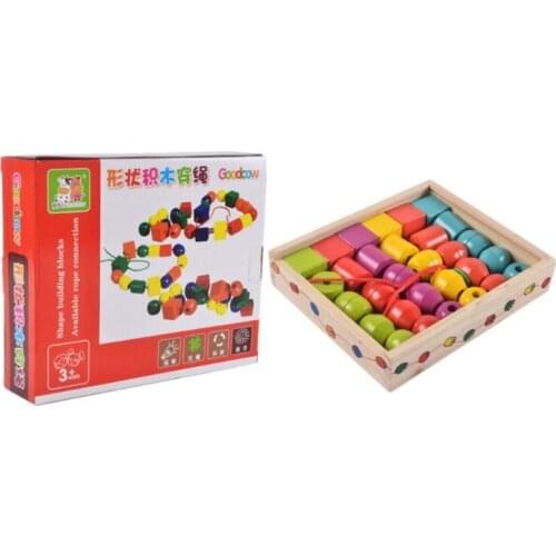 Geometric Shape Wooden Lacing Beads Kids Montessori Blocks Threading Educational Toy Gift for Children