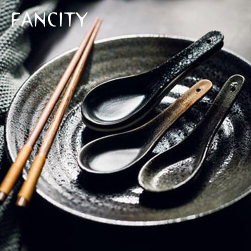 FANCITY Japanese Style Creative Ceramic Tableware Spoon Ceramic Spoon Soup Spoon Small Soup Spoon Household Soup Rice Spoon