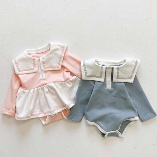 Spring Baby Bodysuit Navy collar Long Sleeve Infant Boys Jumpsuits Korean Baby Girls Dress Newbrown Clothes Outfit