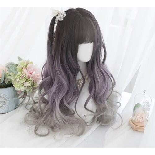CosplayMix Lolita 64CM Women Long Wavy Ombre Cute Sweet Girl Mixed Color Bangs Heat Resistant Synthetic Anime Cosplay Wig