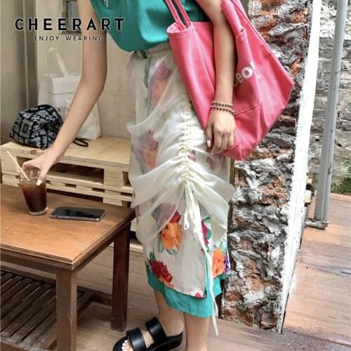 CHEERART Mesh Floral Summer Drawstring Skirt Women High Waist Kawaii Cute Layered Long Midi Tulle Skirt Korean Fashion Clothing