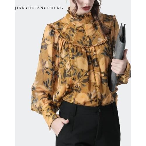 Fashion Yellow Floral Chiffon Blouse Women 2021 Spring New Lantern Sleeve Stand Ruffled Tops Loose Plus Size Casual All-Match
