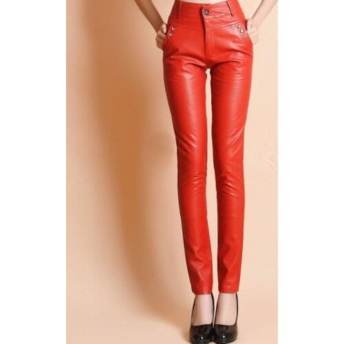 Fashion Brand red color Pu leather pants winter autumn Spring Womens High Quality stretch was thin pencil Pants wq779 dropship