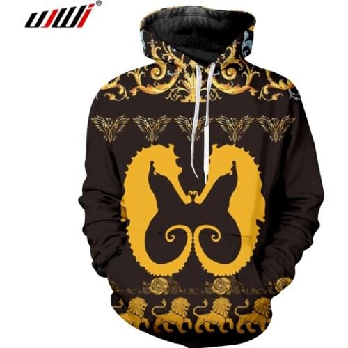 UJWI Men/Women Fashion Trend Hoodies Mens 3D Oversized Casual Pullover Full Printed Golden Pattern Seahorse Pattern Custom
