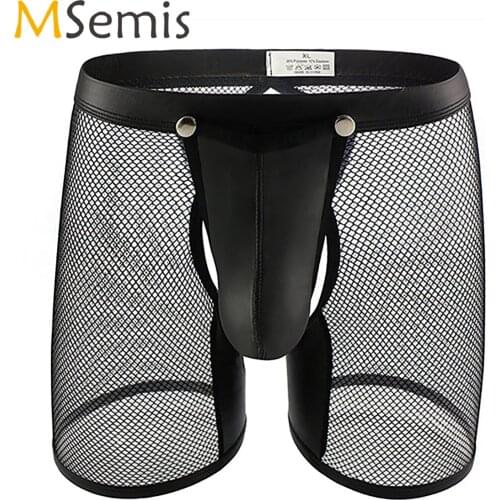 Mens Lingerie See-through Mesh Underwear Open Butt Boxer Briefs Low Rise Removable Bulge Pouch Faux Leather Patchwork Shorts
