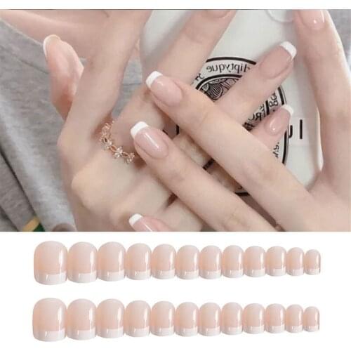 24 PCS French False Nails Press On Nails Fake Nail Short Square French Manicure French White Gradient Nails Extension Nail Decor
