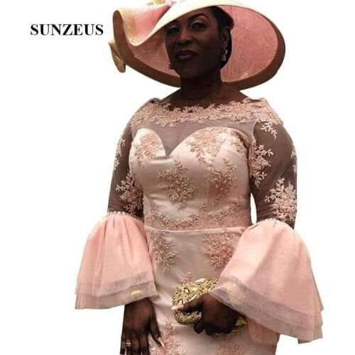 Beaded Appliques Mother Of The Bride Knee Length Dress With Long Sleeves African Women Pink Wedding Party Dress Lady Guest Gowns