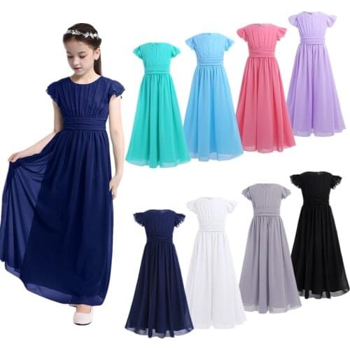 Girls Junior Bridesmaid Dresses Flutter Sleeves Pleated Chiffon Long Dress Childrens Wedding Party Princess Kids Flower Dress